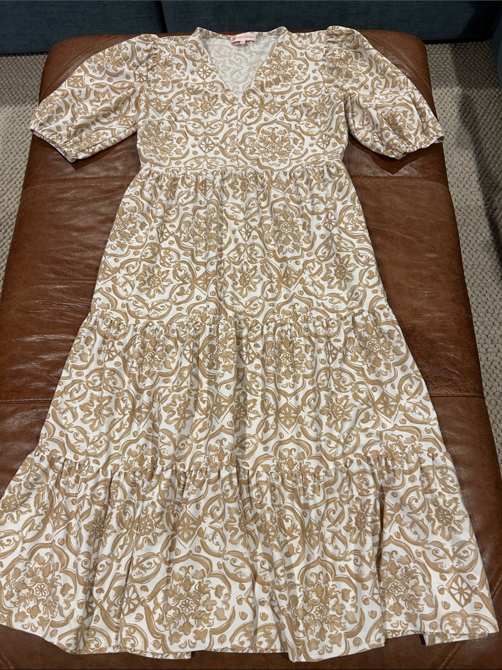 Jude Connally Cream & Tan Printed Tiered V-Neck Dress